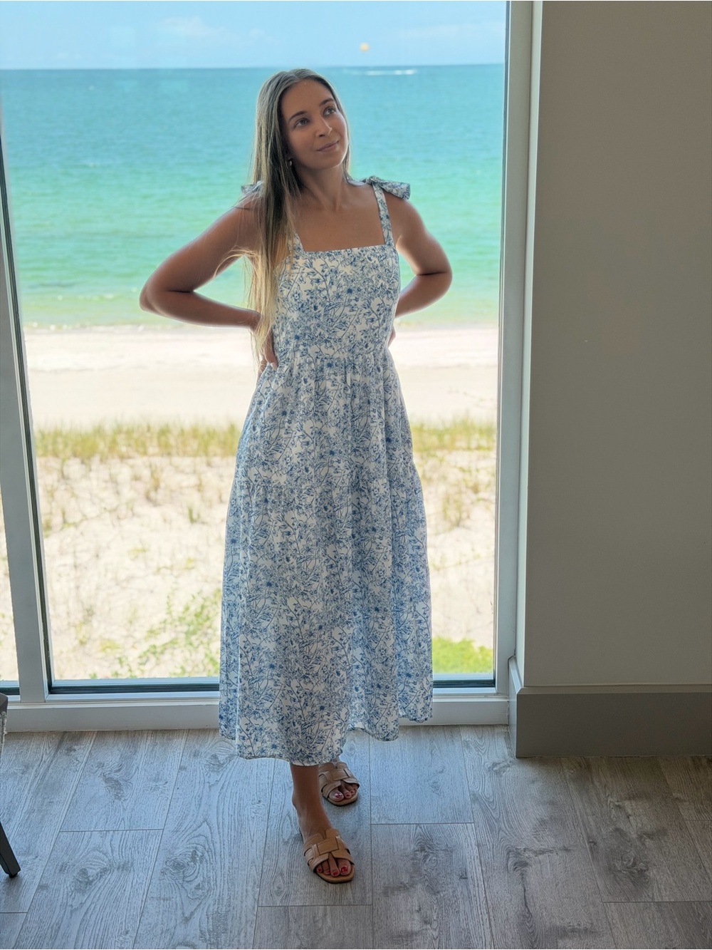 Blue Floral Tie-Shoulder Maxi Dress